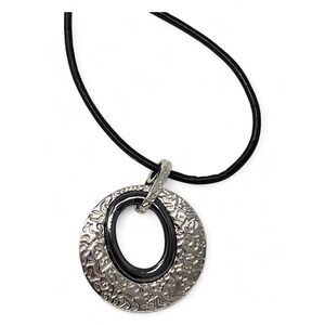 Lia Sophia Merge Necklace Black Leather Cord - Silver Black Enamel Circle 16-19"